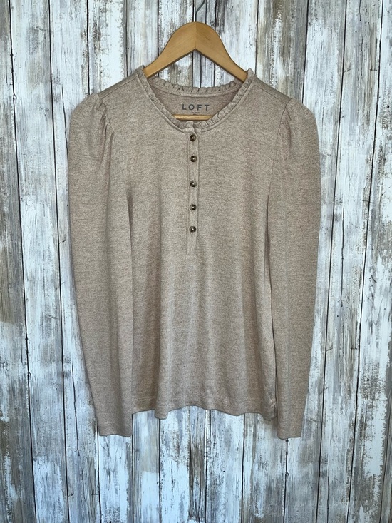 LOFT Tops - LOFT Beige Knit Top XS Ruffle Neck Henley Button Front Long Sleeve Soft Stretch